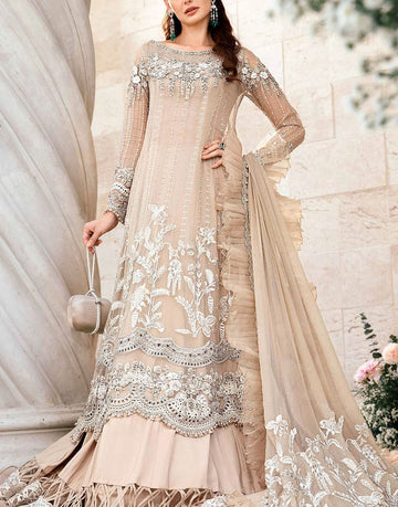 Heavy Embroidered Beige Chiffon Bridal Dress with 3D Handwork Detailing