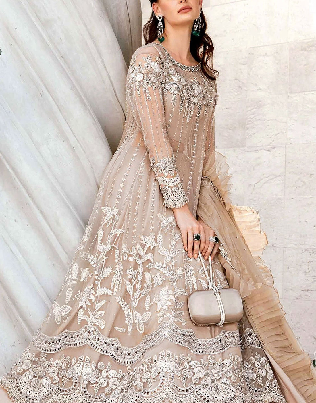 Heavy Embroidered Beige Chiffon Bridal Dress with 3D Handwork Detailing