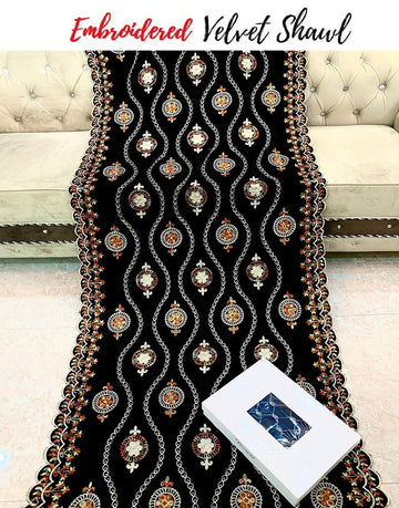Heavy Embroidered Black Bridal Velvet Shawl