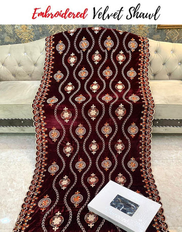 Heavy Embroidered Maroon Bridal Velvet Shawl