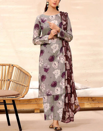 All-Over Digital Print Linen Dress with Linen Dupatta