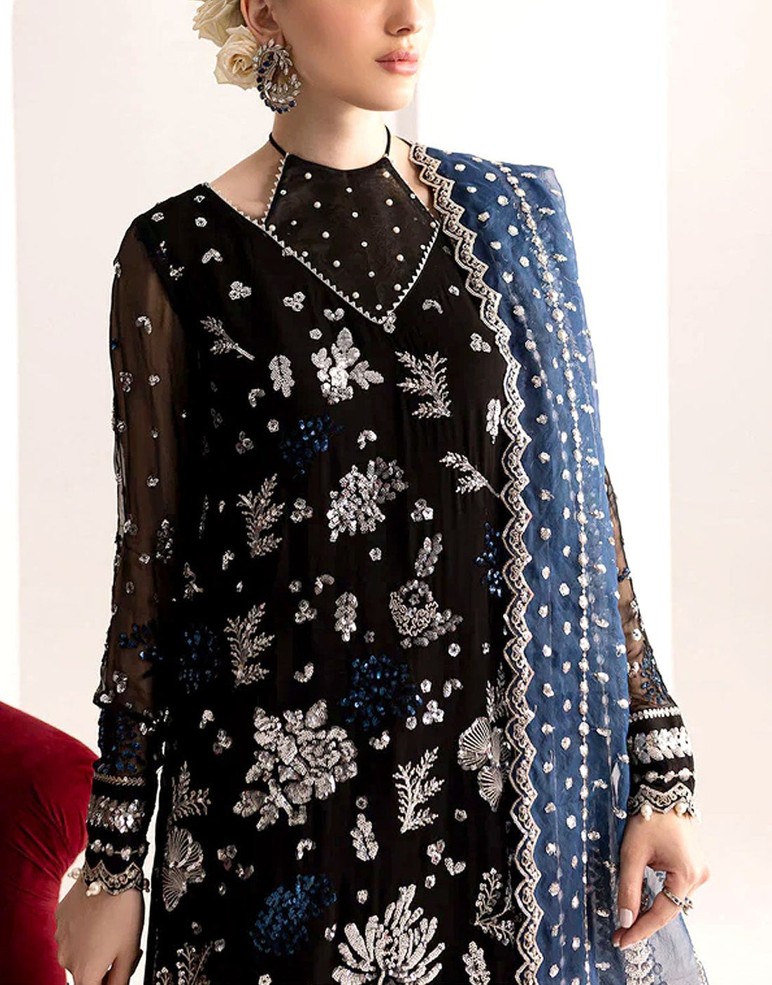 Handwork Heavy Embroidered Black Chiffon Wedding Dress
