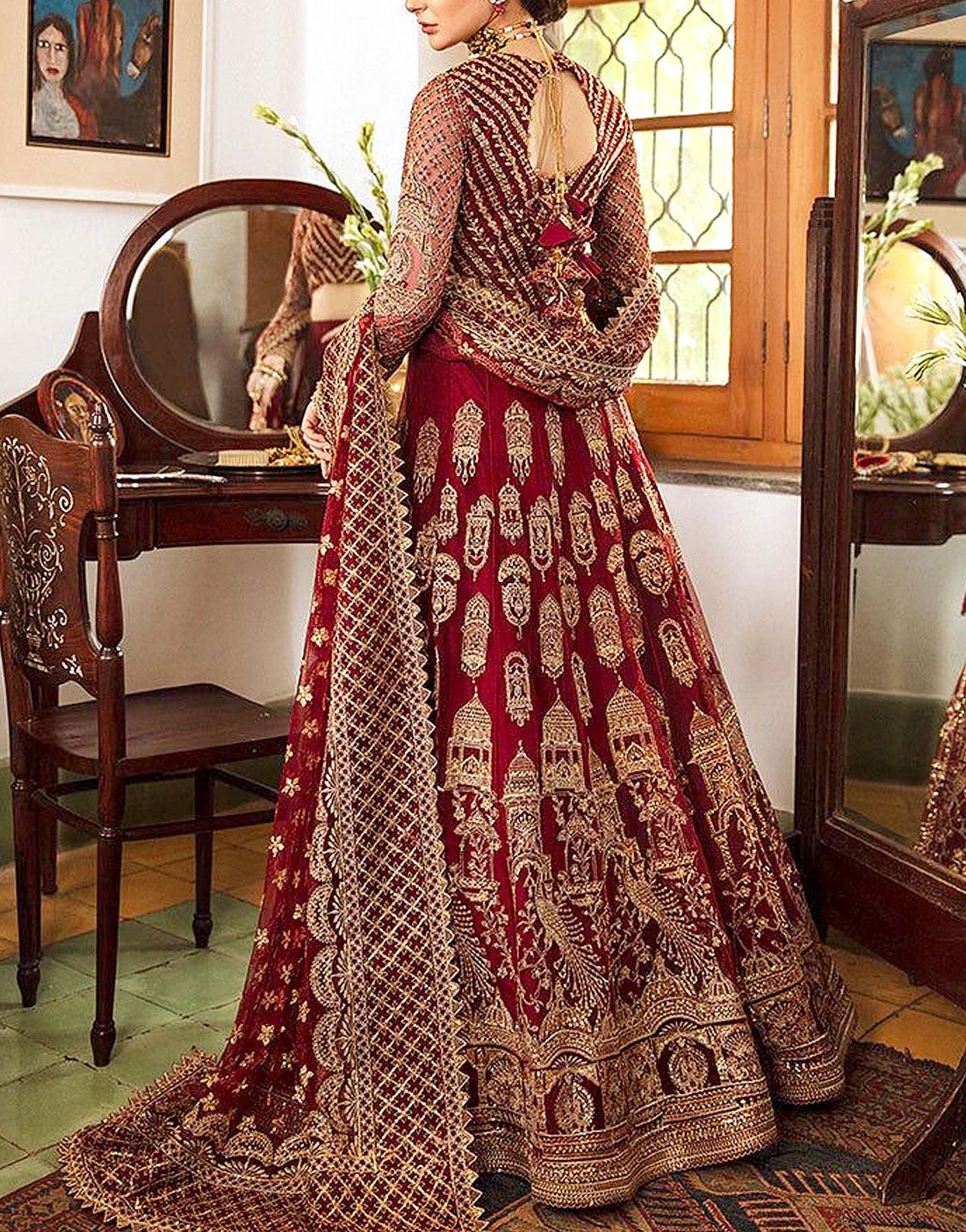 Heavy Embroidered Net Bridal Maxi Dress with Emb. Net Dupatta