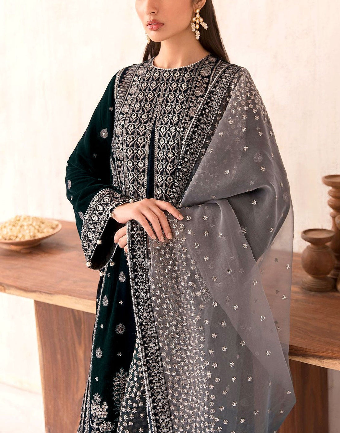Luxury Heavy Embroidered Velvet Wedding Dress with Emb. Raw Silk Trouser