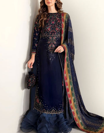 Luxury Heavy Embroidered Navy Blue Velvet Dress with Emb. Chiffon Dupatta