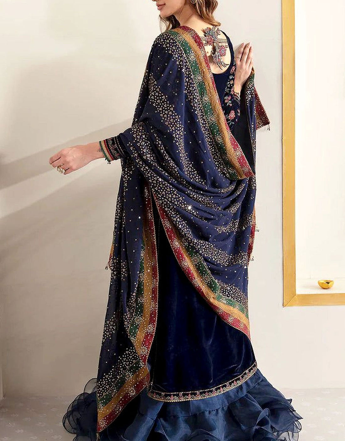 Luxury Heavy Embroidered Navy Blue Velvet Dress with Emb. Chiffon Dupatta