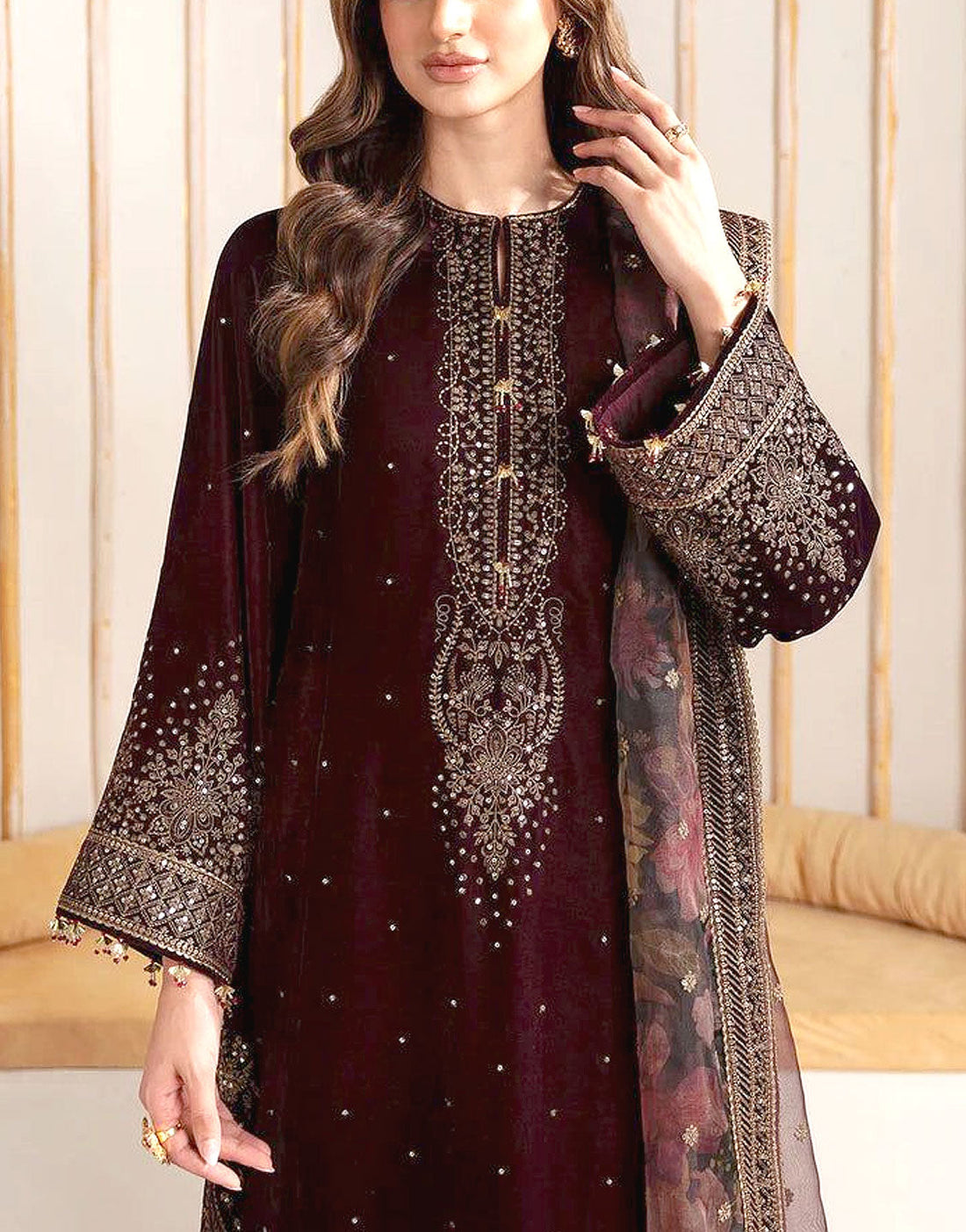 Premium Heavy Embroidered Burgundy Velvet Wedding Dress with Embroidered Silk Trouser
