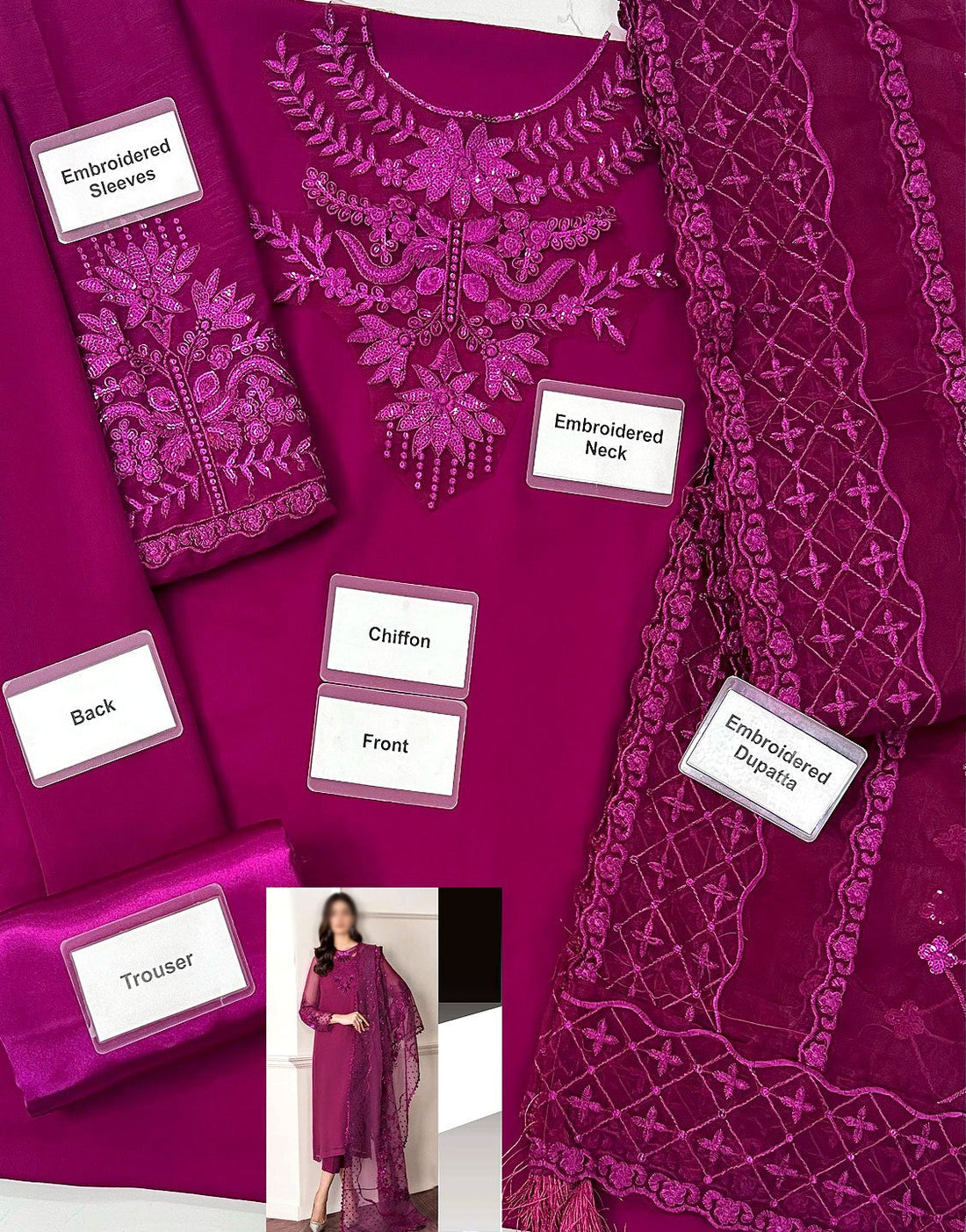 Affordable Fancy Embroidered Pink Chiffon Party Dress with Silk Trouser