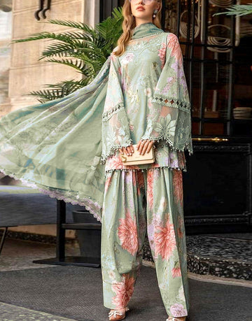 All-Over Print Embroidered Cambric Cotton Dress with Chiffon Dupatta