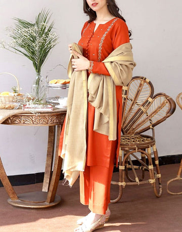 Decent Embroidered Dhanak Dress with Dhanak Shawl Dupatta