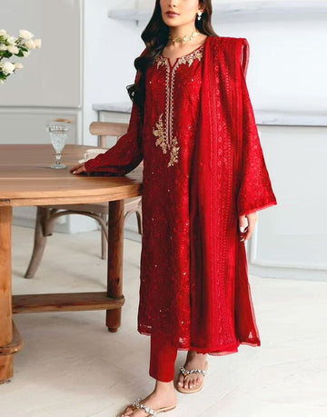Heavy Embroidered Red Chiffon Party Wear Dress with Inner