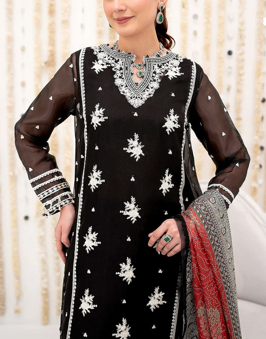 Formal Embroidered Black Chiffon Wedding Dress with Silk Dupatta