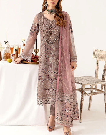 Adorable Heavy Embroidered with Handwork Chiffon Formal Dress with NET Dupatta