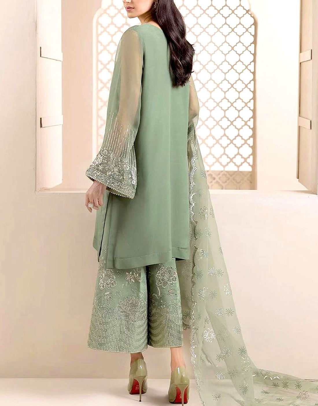Formal Embroidered Organza Party Wear Dress with Emb. Silk Trouser
