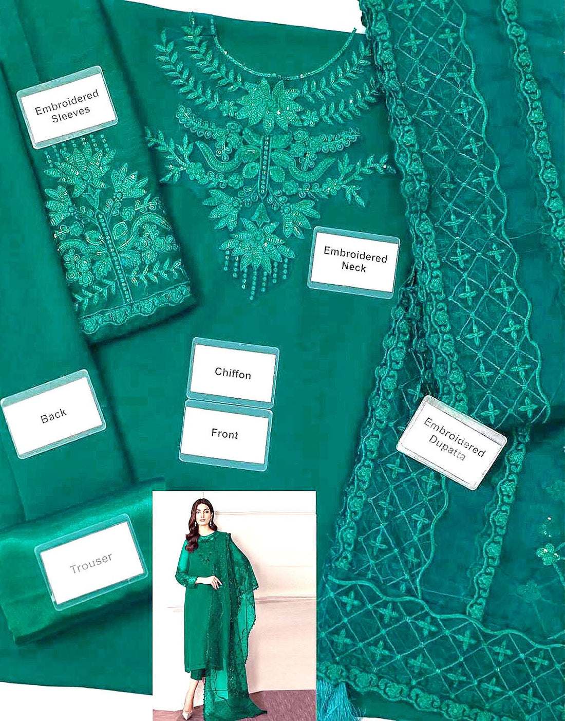 Fancy Embroidered Chiffon Party Wear Dress with Silk Trouser