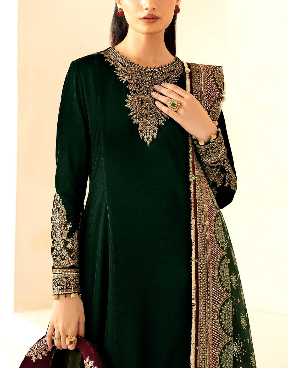 Formal Embroidered Velvet Party Wear Dress with Emb. Silk Trouser