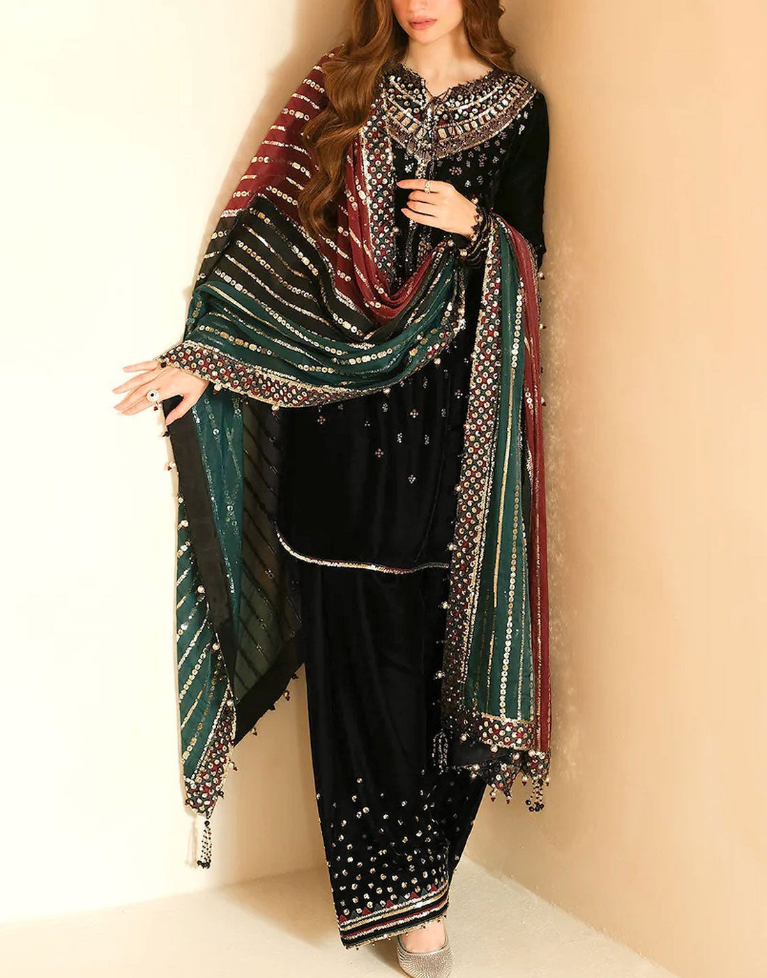 Glam Shine Embroidered Black Velvet Dress with Embroidered Trouser & Multicolor Dupatta