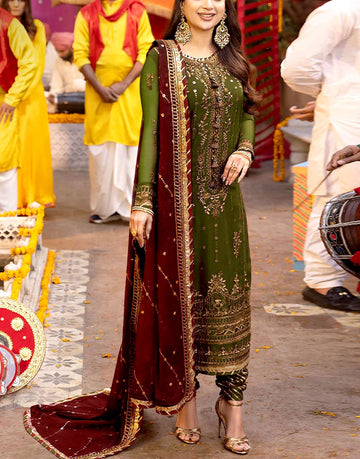 Adorable Embroidered Olive Green Chiffon Dress - Perfect for Mehndi & Wedding Functions