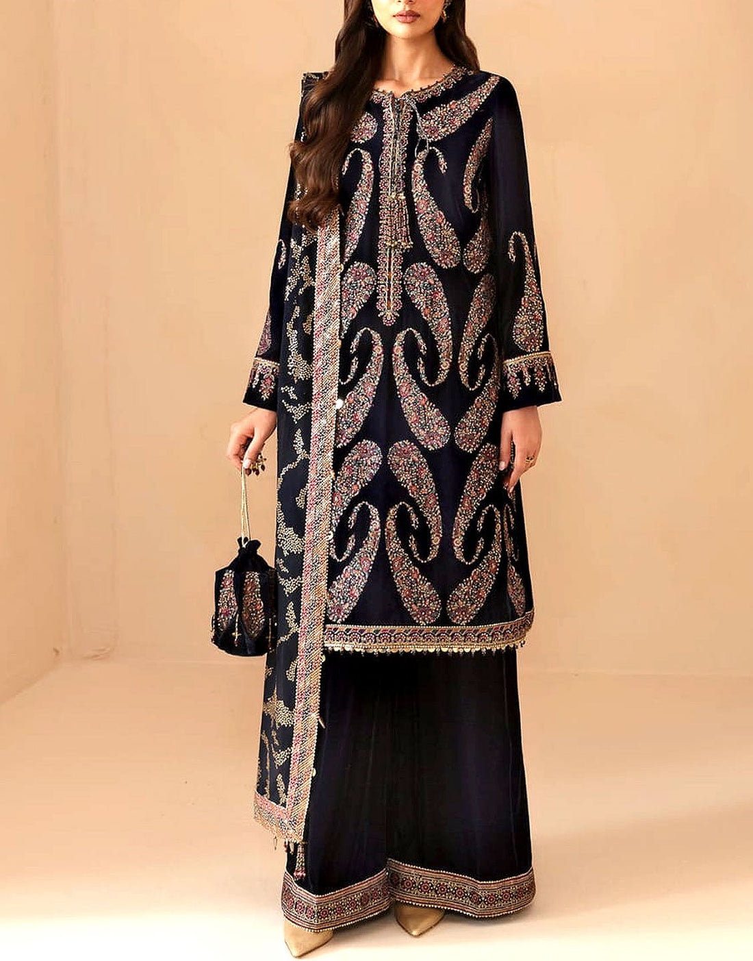 Luxury Heavy Embroidered Velvet Dress with Emb. Chiffon Dupatta
