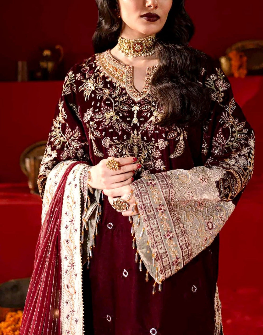 Luxurious Heavy Embroidered Velvet Dress with Emb. Silk Trouser