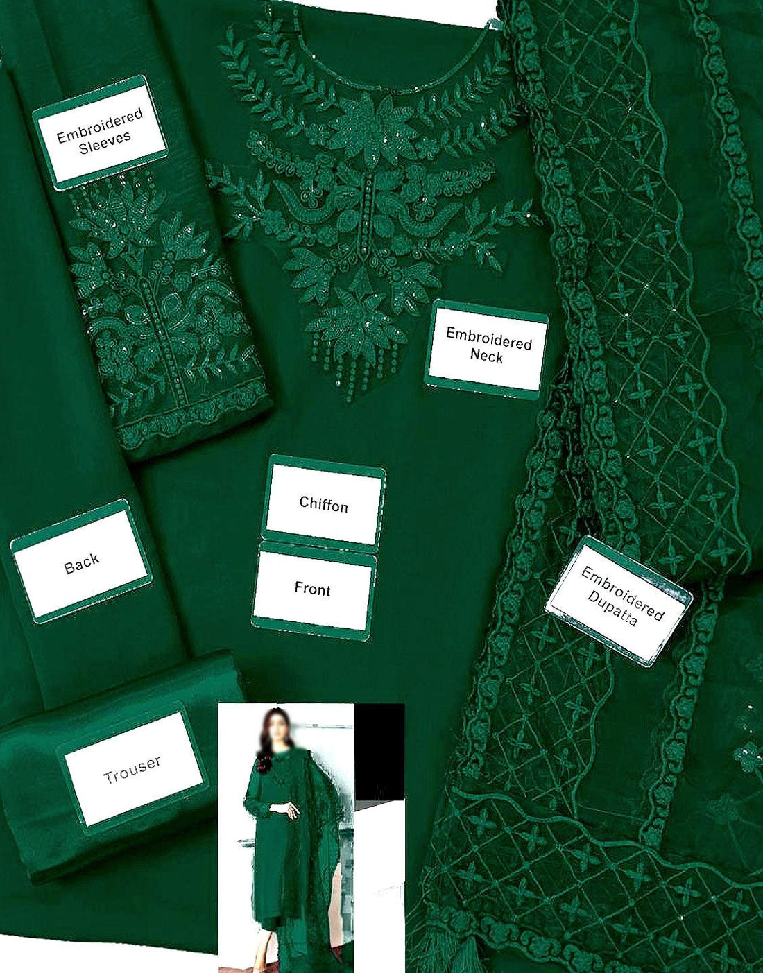 Simple Embroidered Emerald Green Chiffon Dress – Ideal for Wedding, Formal & Party Wear