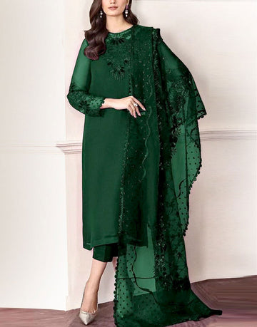 Simple Embroidered Emerald Green Chiffon Dress – Ideal for Wedding, Formal & Party Wear