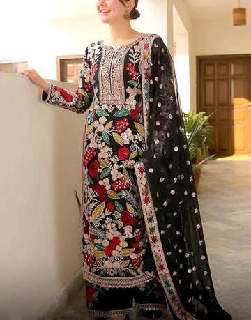 Heavy Embroidered Formal Black Chiffon Dress with Multicolor Floral Work
