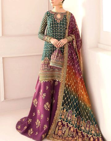 Luxury Embroidered Teal Green & Regal Plum Organza Bridal Lehenga Dress with Handcrafted Detailing