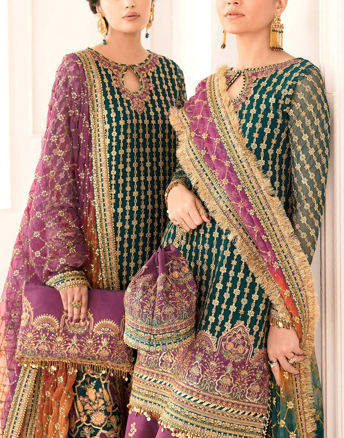 Luxury Embroidered Teal Green & Regal Plum Organza Bridal Lehenga Dress with Handcrafted Detailing