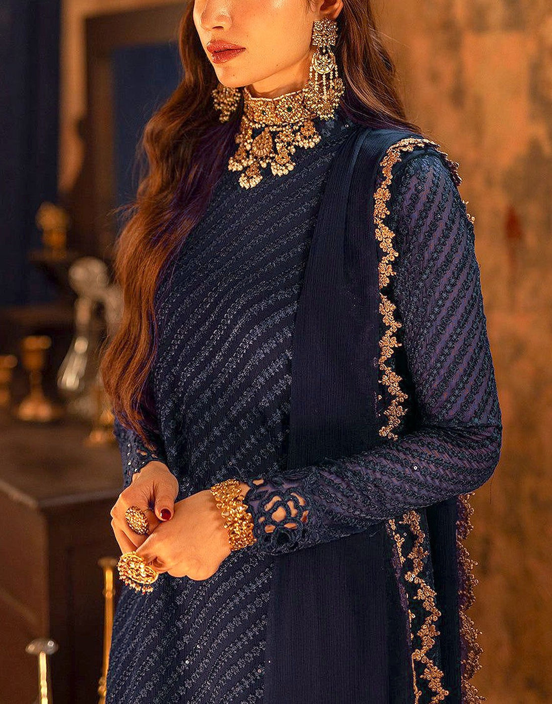 Fancy Heavy Embroidered Navy Blue Chiffon Wedding Dress