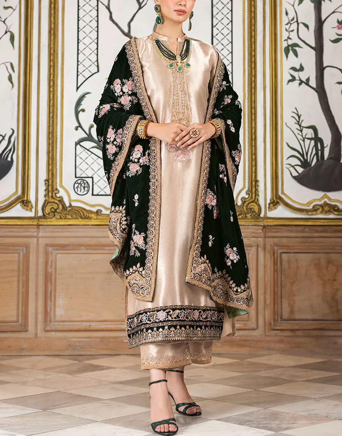 Heavy Embroidered Masoori Bridal Suit with Luxury Velvet Shawl