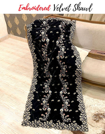 Premium Quality Heavy Embroidered Bridal Velvet Shawl - Black