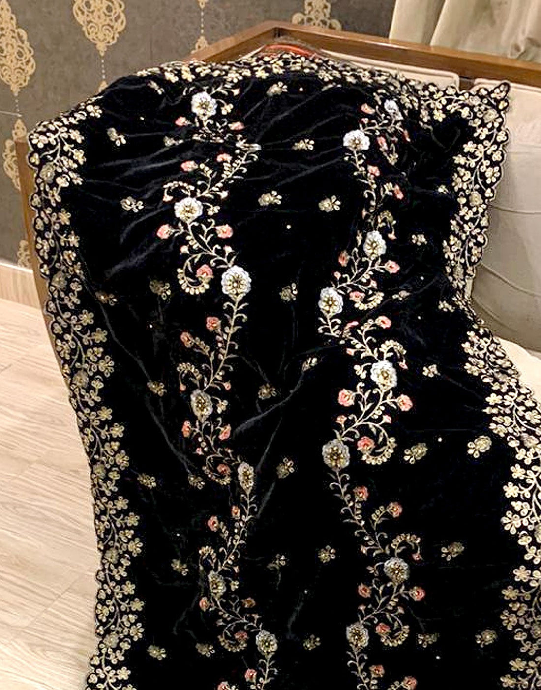 Premium Quality Heavy Embroidered Bridal Velvet Shawl - Black