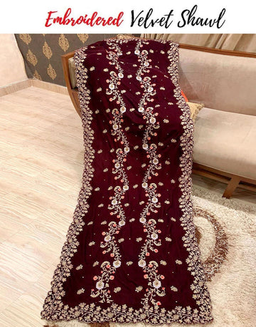Premium Quality Heavy Embroidered Bridal Velvet Shawl - Maroon