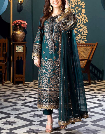 Heavy Embroidered Peacock Green Chiffon Dress for Formal Parties & Weddings