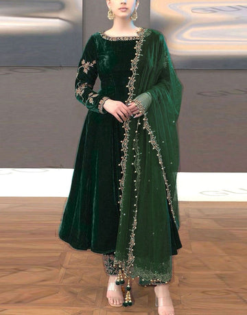 Decent Embroidered Bottle Green Velvet Dress with Organza Dupatta