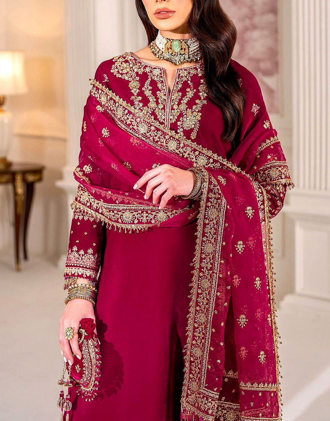 Luxe Embroidered with Handwork Fuchsia Velvet Bridal Dress with Matching Potli Bag