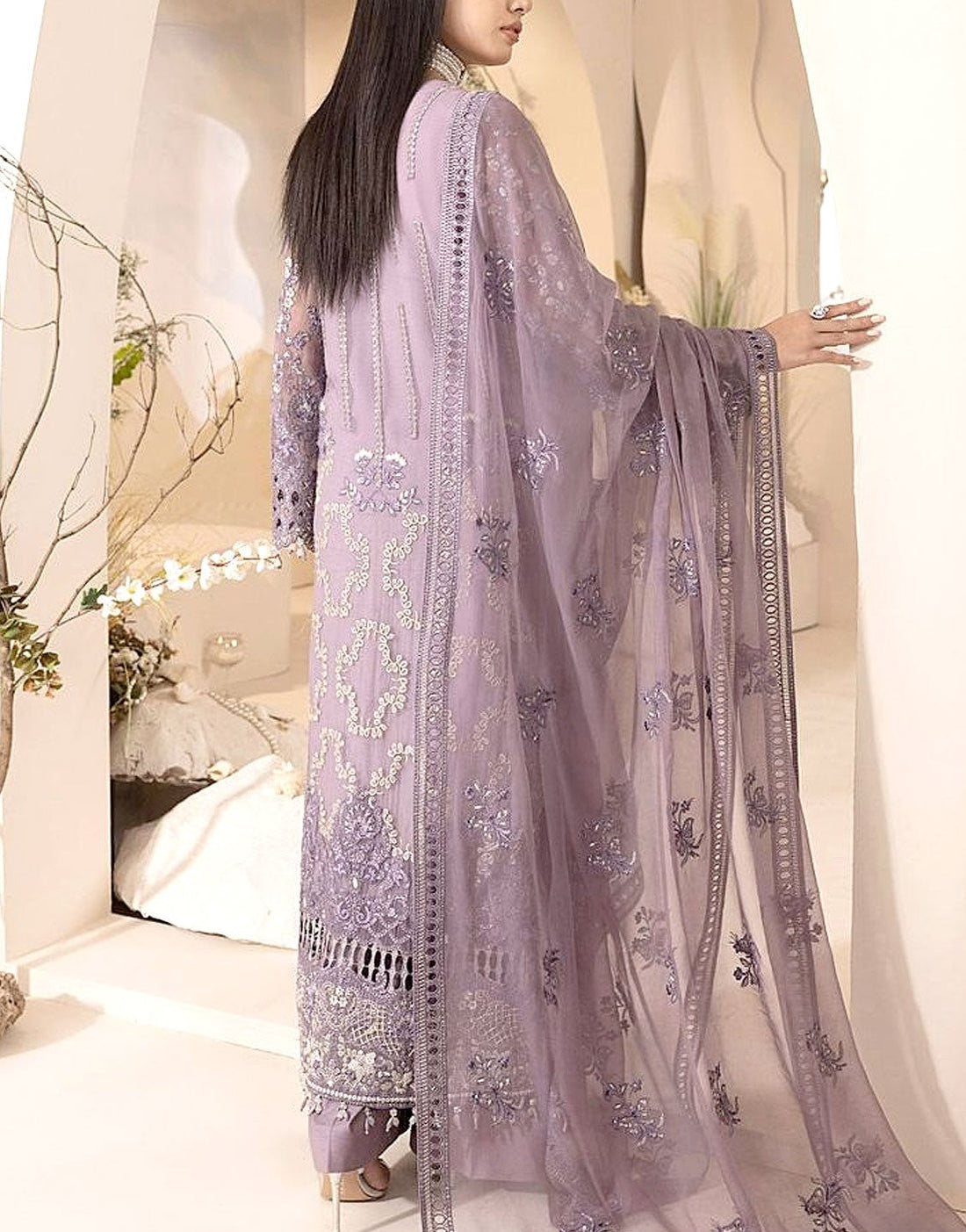 Heavy Embroidered Lilac Chiffon Wedding Dress - Ideal for Sister of Bride