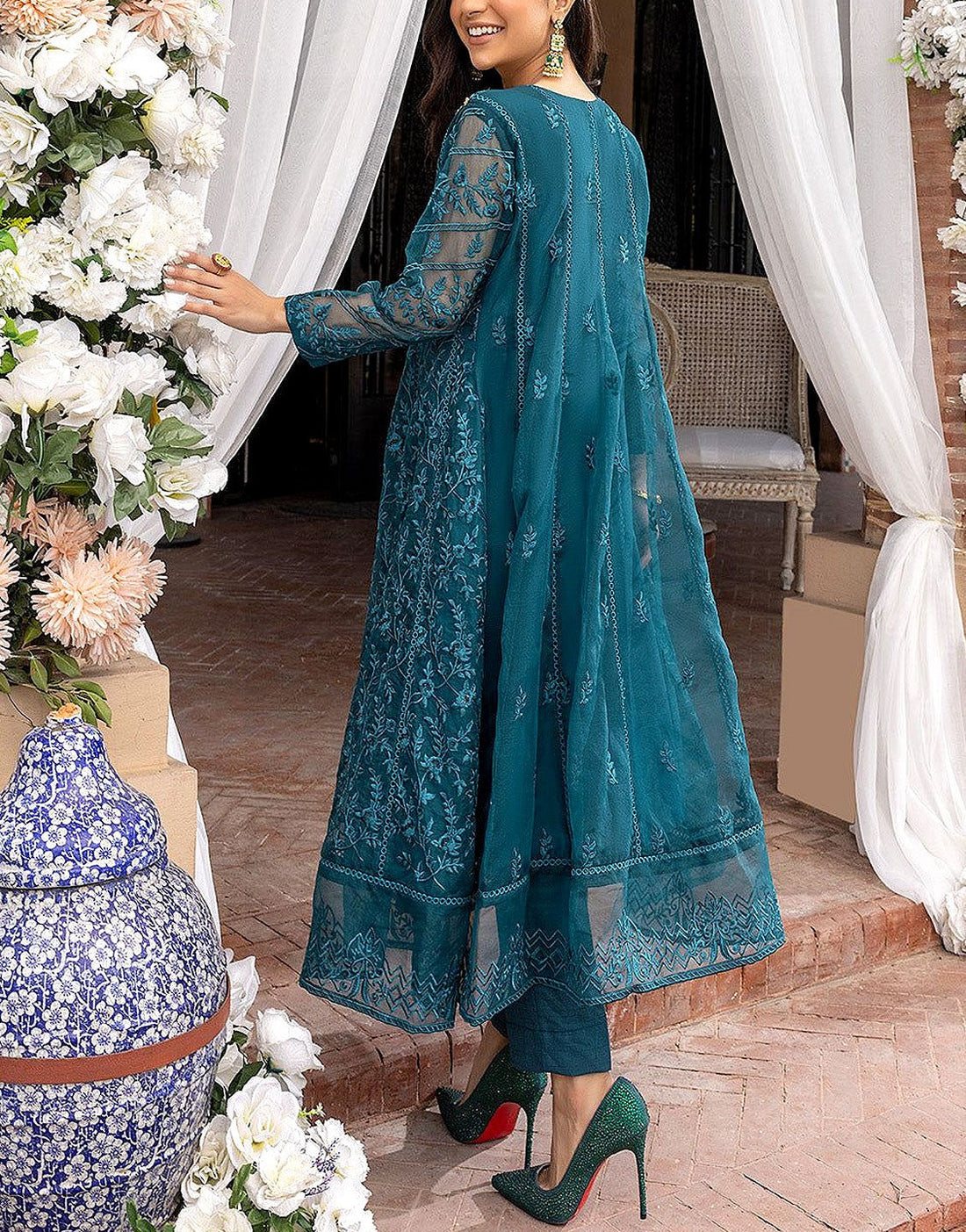 Elegant Embroidered Peacock Blue Organza Wedding Frock for Brides & Formal Occasions