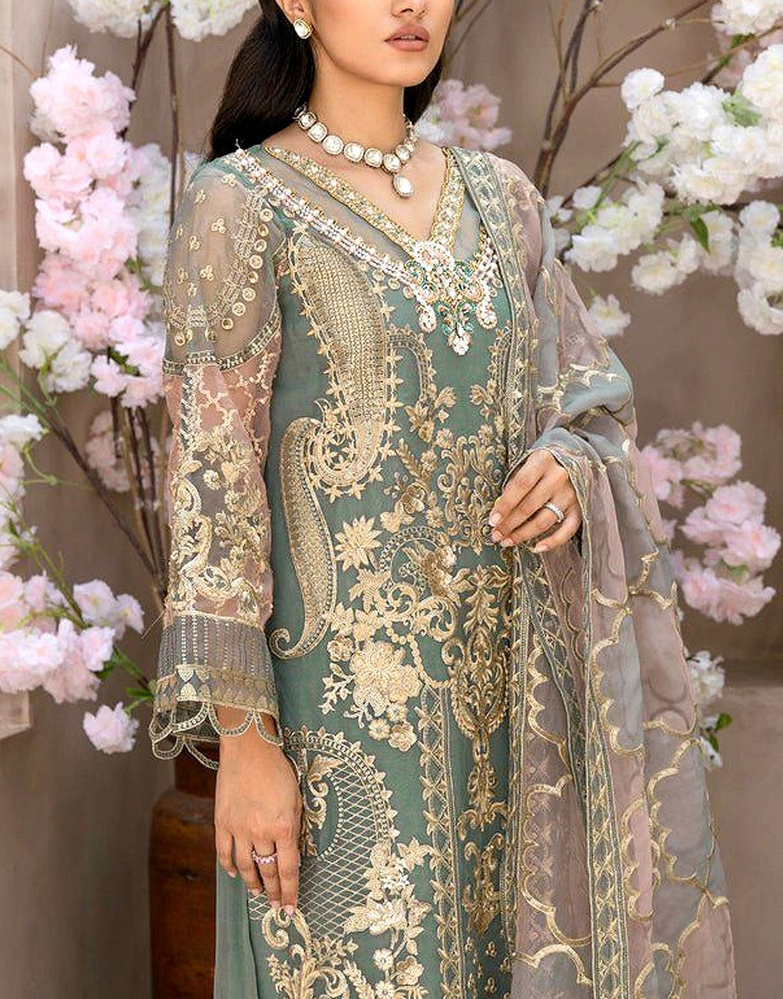 Luxurious Handwork Embroidered Organza Party Dress with Emb. Silk Trouser