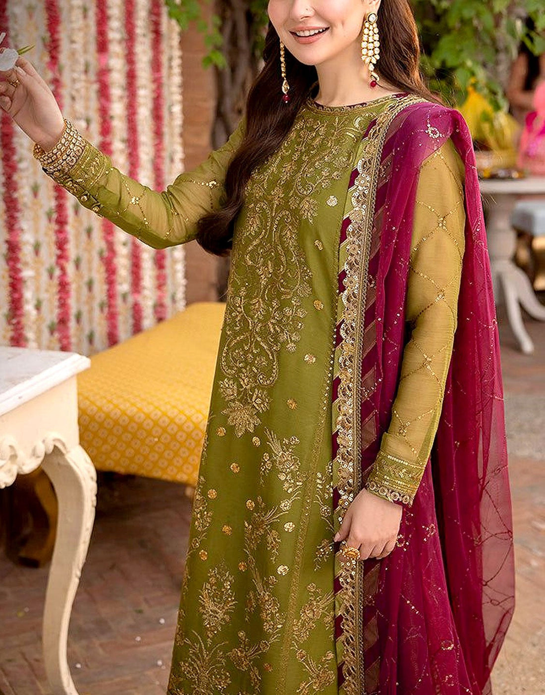 Heavy Embroidered Fancy Chiffon Mehndi Dress with Silk Trouser