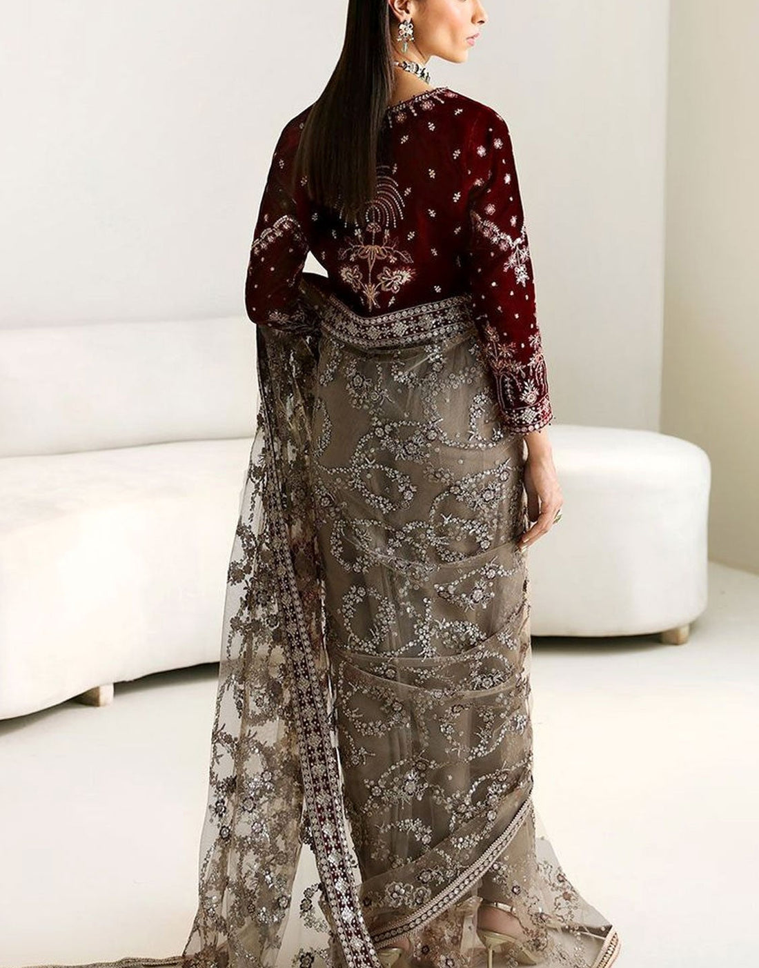 Luxury Heavy Embroidered Velvet + NET Bridal Wear Saree