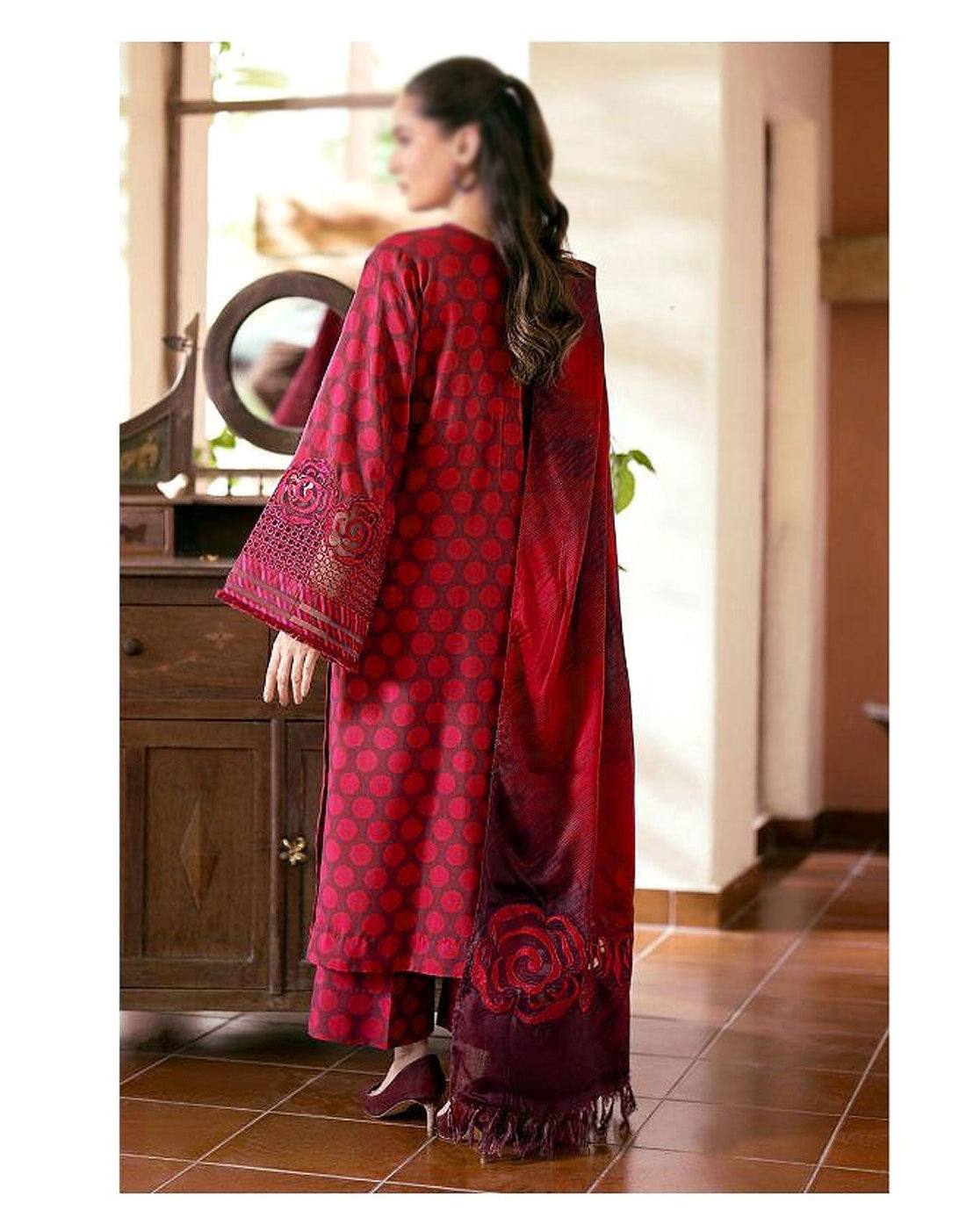 All-Over Print Embroidered Lawn Dress with Printed Chiffon Dupatta