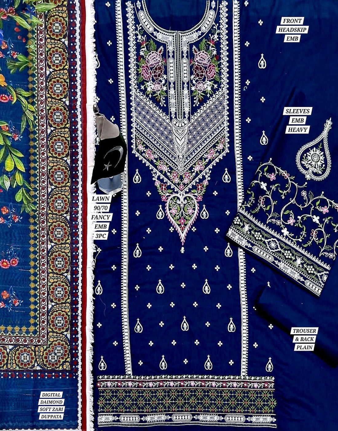 Embroidered Lawn Dress with Digital Print Diamond Zari Dupatta