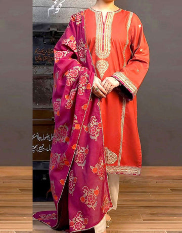 Elegant Embroidered Lawn Dress with Digital Print Diamond Zari Dupatta