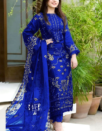 Elegant Embroidered Royal Blue Cotton Lawn Dress with Chiffon Dupatta