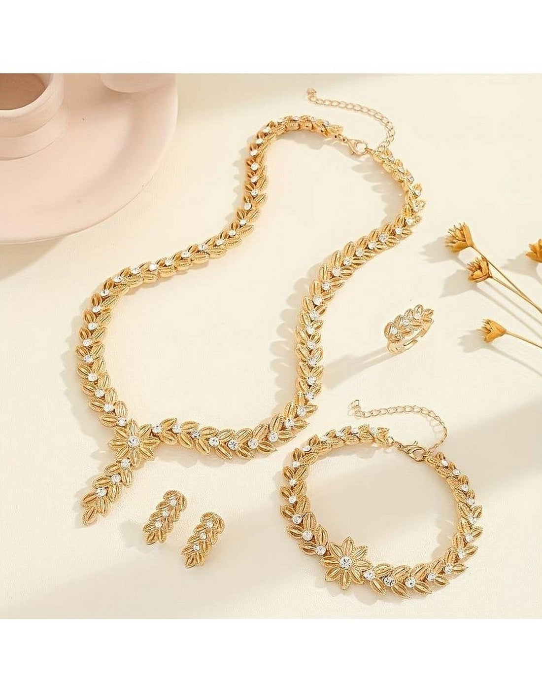 4-Piece Elegant Party Wear Necklace Set with Adjustable Ring, Bracelet & Earrings