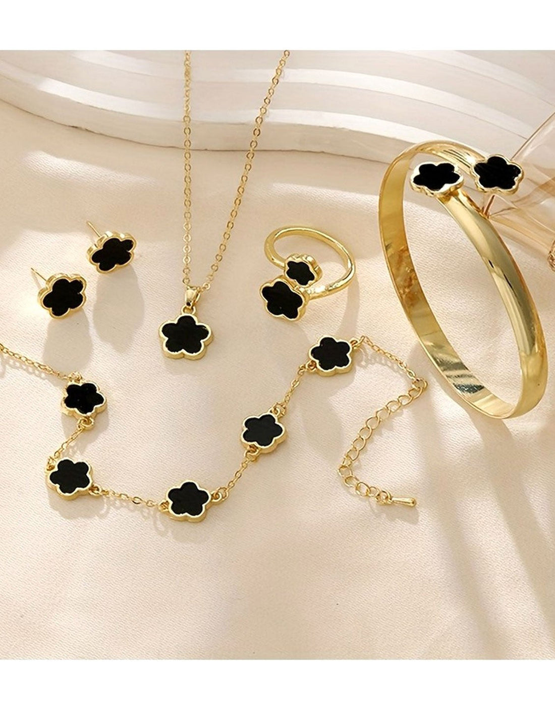 5-Piece Black Five Leaf Clover Design Jewelry Set includes Bracelet, Earrings, Kara, Necklace & Ring