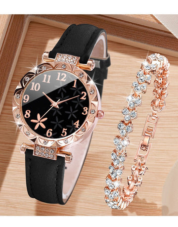 2-Piece Petal Design Dial Quartz Wristwatch with Bracelet Gift Set for Girls