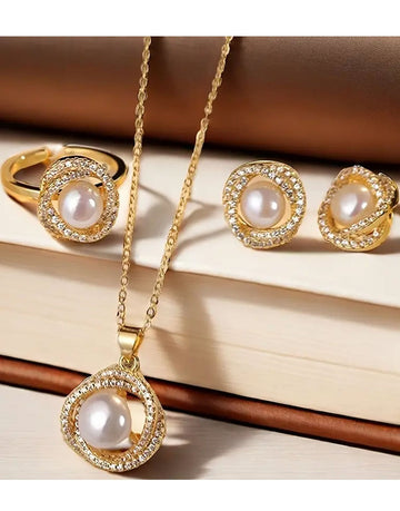 3-Piece Vintage-Inspired Faux Pearl & Rhinestone Necklace with Ring, Earrings